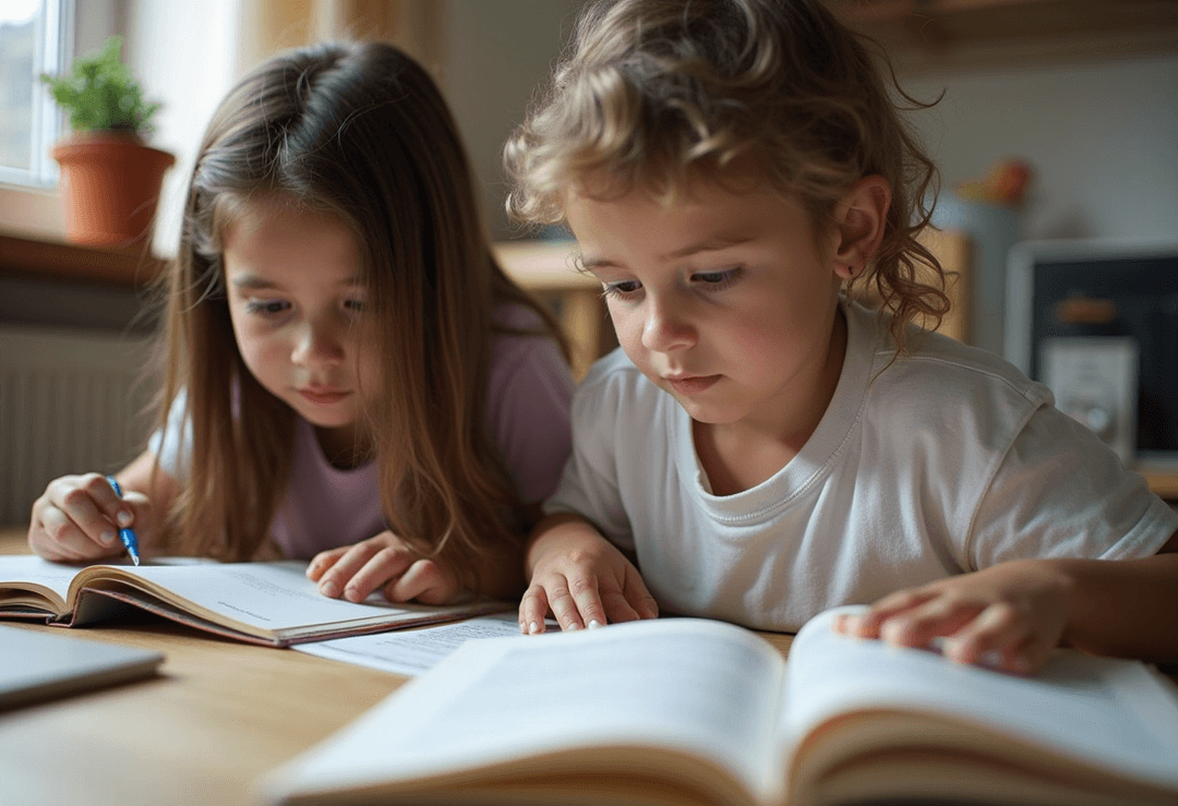 Two children reading together at a table